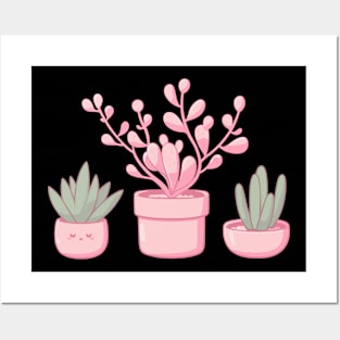 Cute Pink Flowers and Cactus in Pots | Kawaii Cute Succulent Houseplant Posters and Art